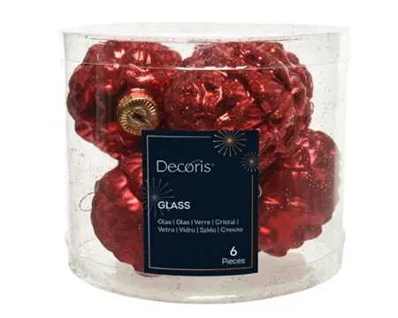 Decoris dennenappel glas 5x7cm 6st kerstrood - afbeelding 1