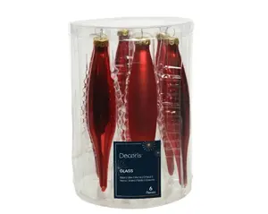 Decoris ijspegel kersthangers glas 3x15cm 6st kerstrood - afbeelding 1