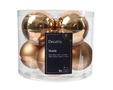 Decoris kerstballen set glas 7cm 8st pecannoot bruin