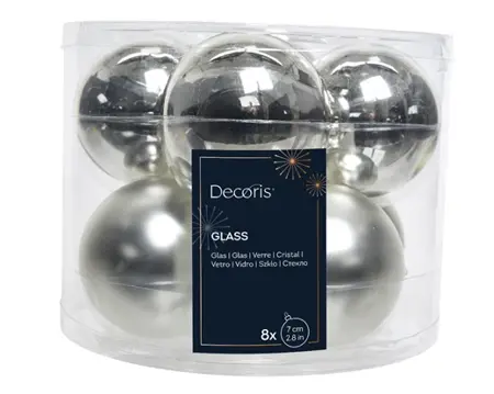 Decoris kerstballen set glas 7cm 8st zilver - afbeelding 1