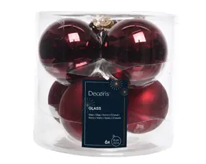 Decoris kerstballen set glas 8cm 6st ossenbloed - afbeelding 1