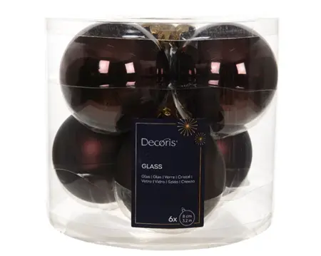 Decoris kerstballen set glas 8cm 6st zwart truffel - afbeelding 1