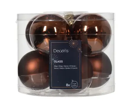 Decoris kerstballen set glas 8st espresso - afbeelding 1