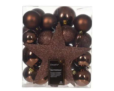 Decoris kerstballen set plastic + piek 33st espresso - afbeelding 1