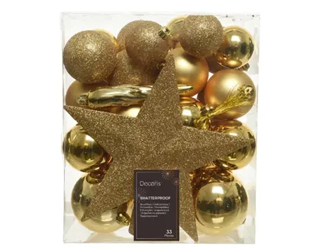 Decoris kerstballen set plastic + piek 33st licht goud - afbeelding 1