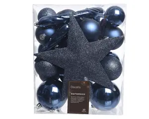 Decoris kerstballen set plastic + piek 33st nachtblauw - afbeelding 1