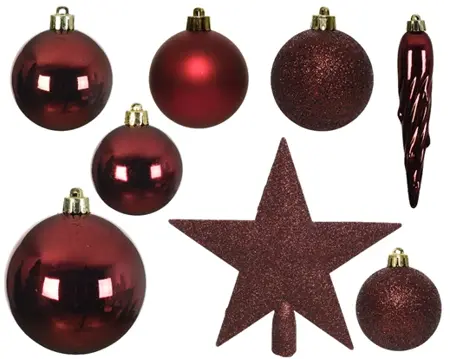 Decoris kerstballen set plastic + piek 33st ossenbloed