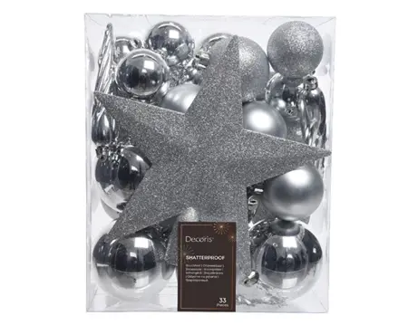 Decoris kerstballen set plastic + piek 33st zilver