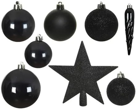 Decoris kerstballen set plastic + piek 33st zwart - afbeelding 2