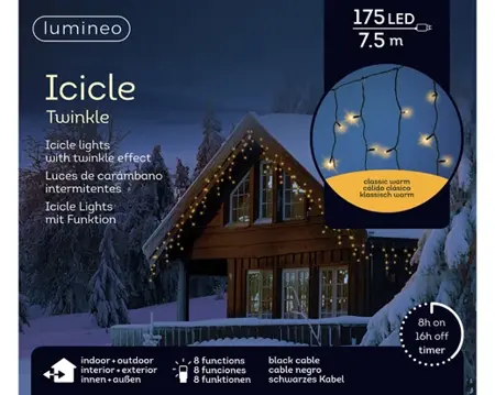 Lumineo Icicle twinkle 7.5m-175LED zwart/klassiek warm - afbeelding 1