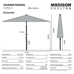 Madison Parasol Corsica push-up Saffier Blauw 200x250cm zijkant