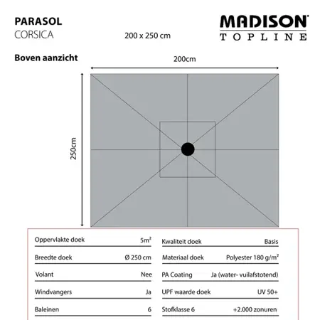 Madison Parasol Corsica push-up Taupe 200x250cm bovenkant