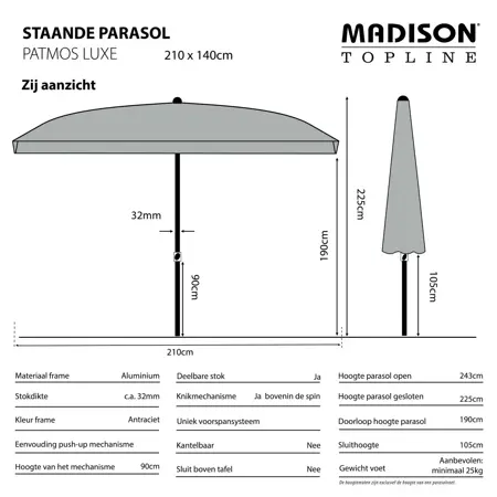 Madison Parasol patmos 210x140cm brick rood - afbeelding 4